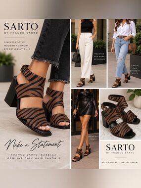 FRANCO SARTO Isabella Genuine Calf Hair Zebra Block Heel Chunky Sandals